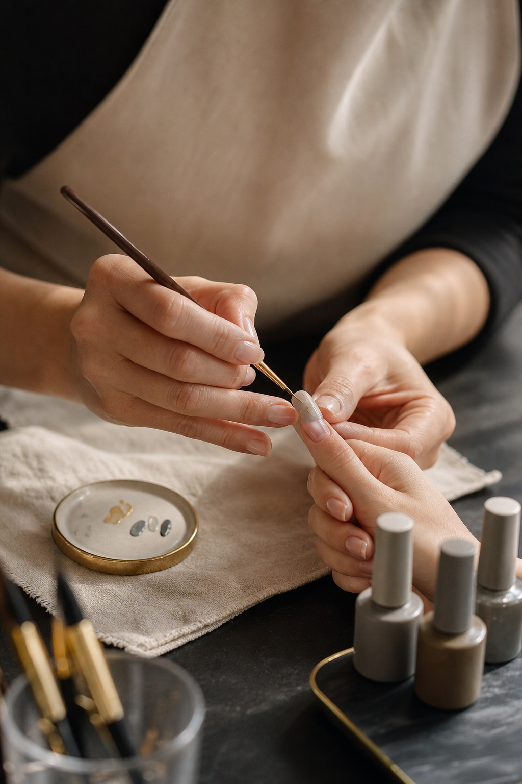 Nail artist and student practicing a precise nail art technique together