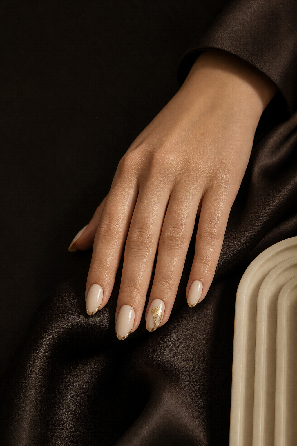 Ivory and fine gold nail art on a hand resting over dark satin