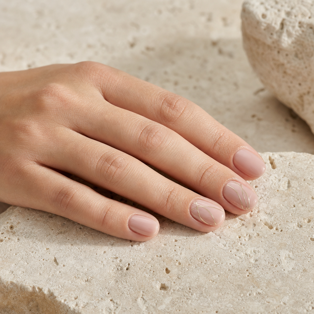 Concept image of a soft blush manicure with fine gold line art