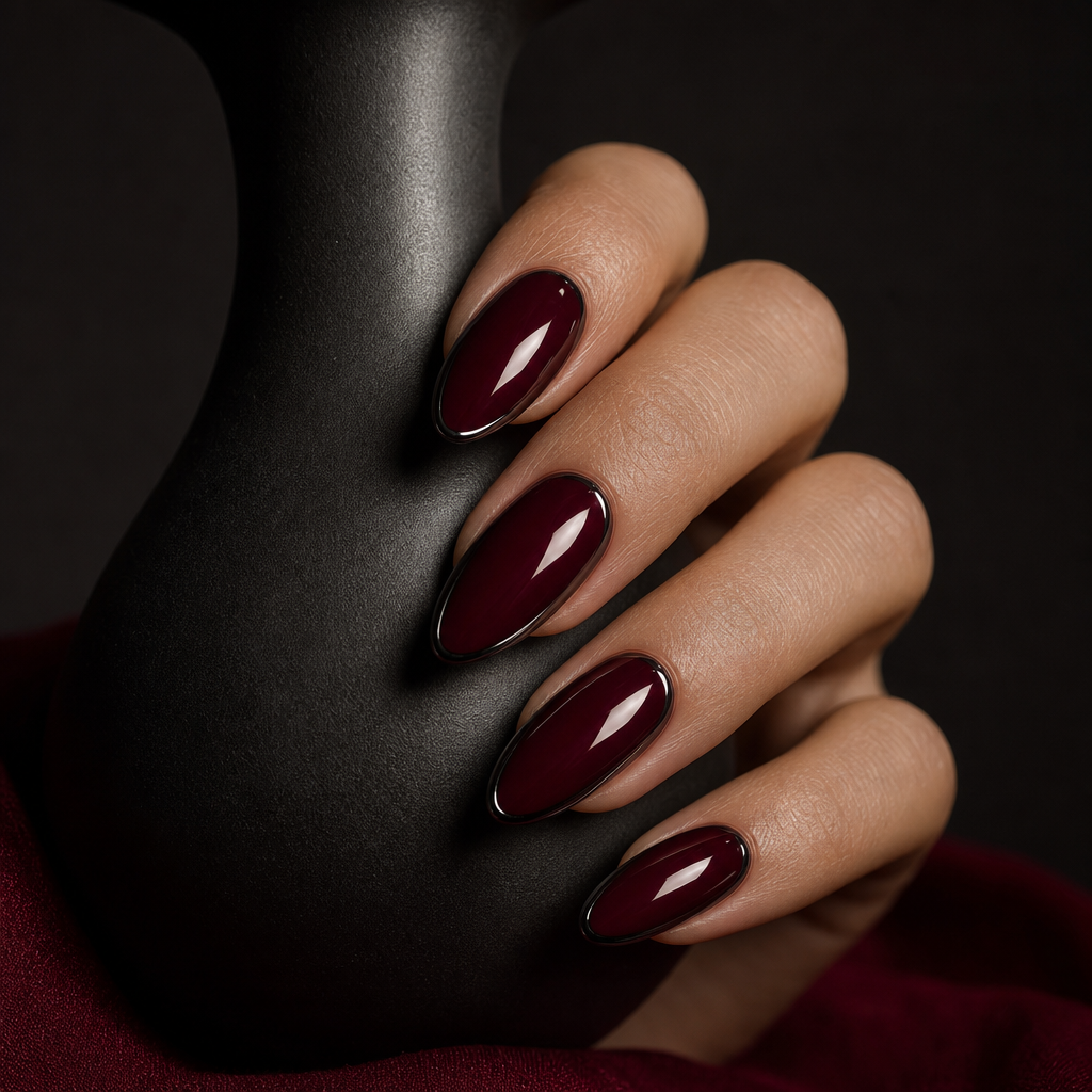 Concept image of glossy oxblood nail art with dark chrome edging